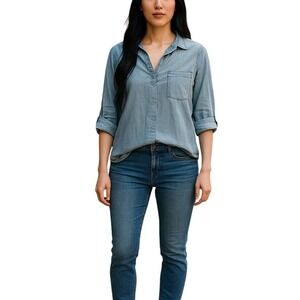 Skies Are Blue Womens Chambray Shirt Top‎ Roll Tab Sleeve Button Down L-Utility